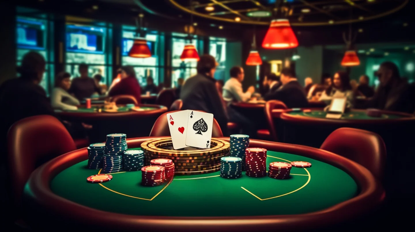 luxurious online casino interior with golden slot machines, poker tables, roulette wheels, neon lights, dark elegant atmosphere